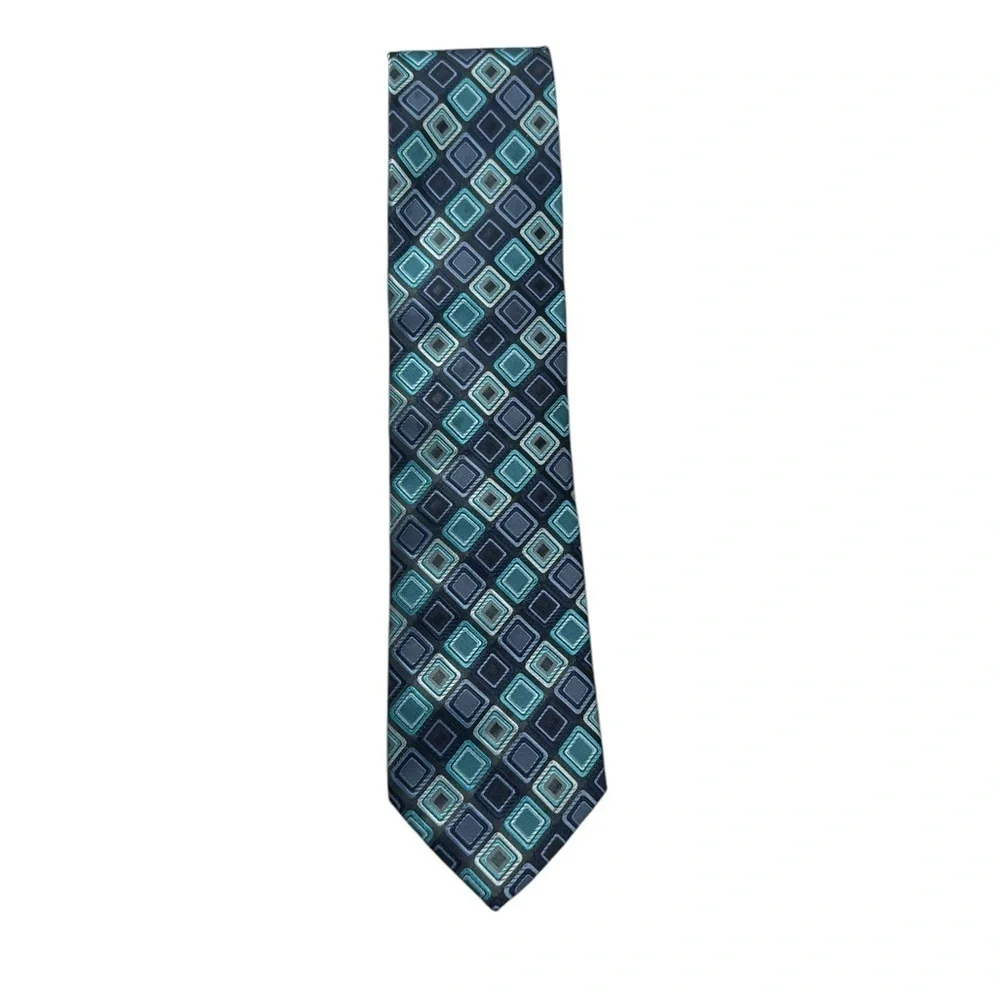 Alexander Julian Colours Tie Geometric Blue Square Pattern | 100% Polyester N210